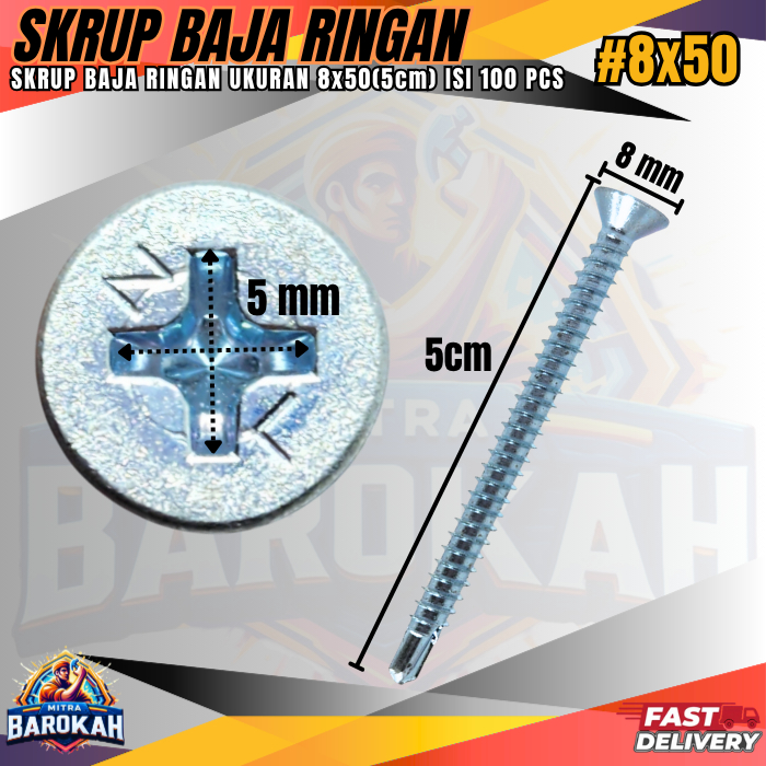 Skrup Baja Ringan 8x50 / Self Drilling Screw ISI 100 PCS / Skrup Baja Ringan Kuat Tajam Anti Karat 8
