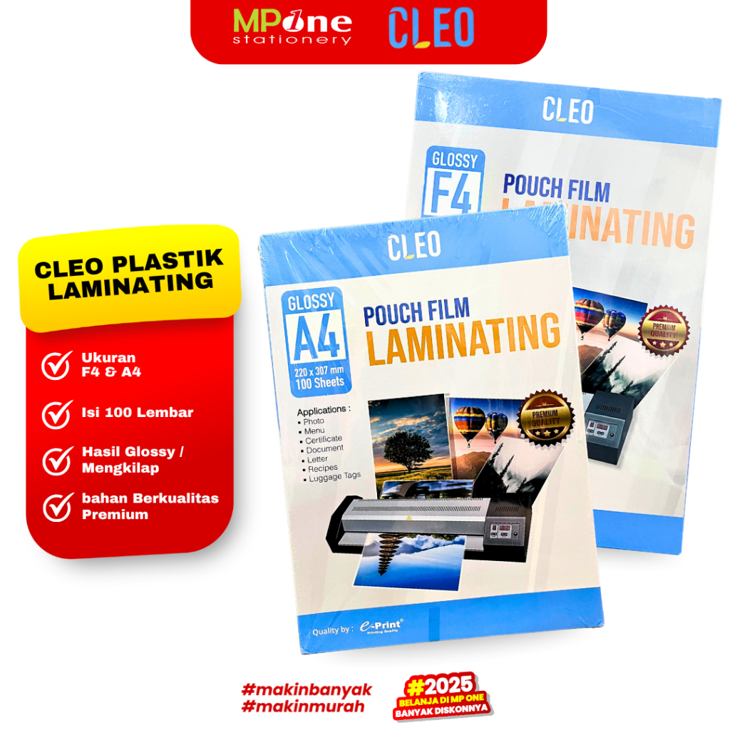 

(1 PACK) Cleo Plastik Laminating A4/F4 / Laminating Pouch Film Isi 100 Lembar Ukuran A4 & F4 CLEO