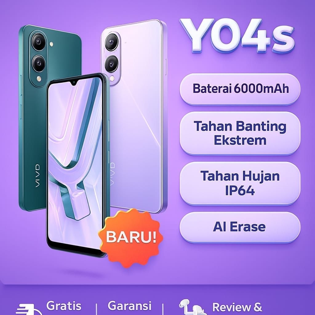 Hp vivo Y04s Ram 4GB Internal 64GB - Desain premium, Baterai 6000Mah, IP64
