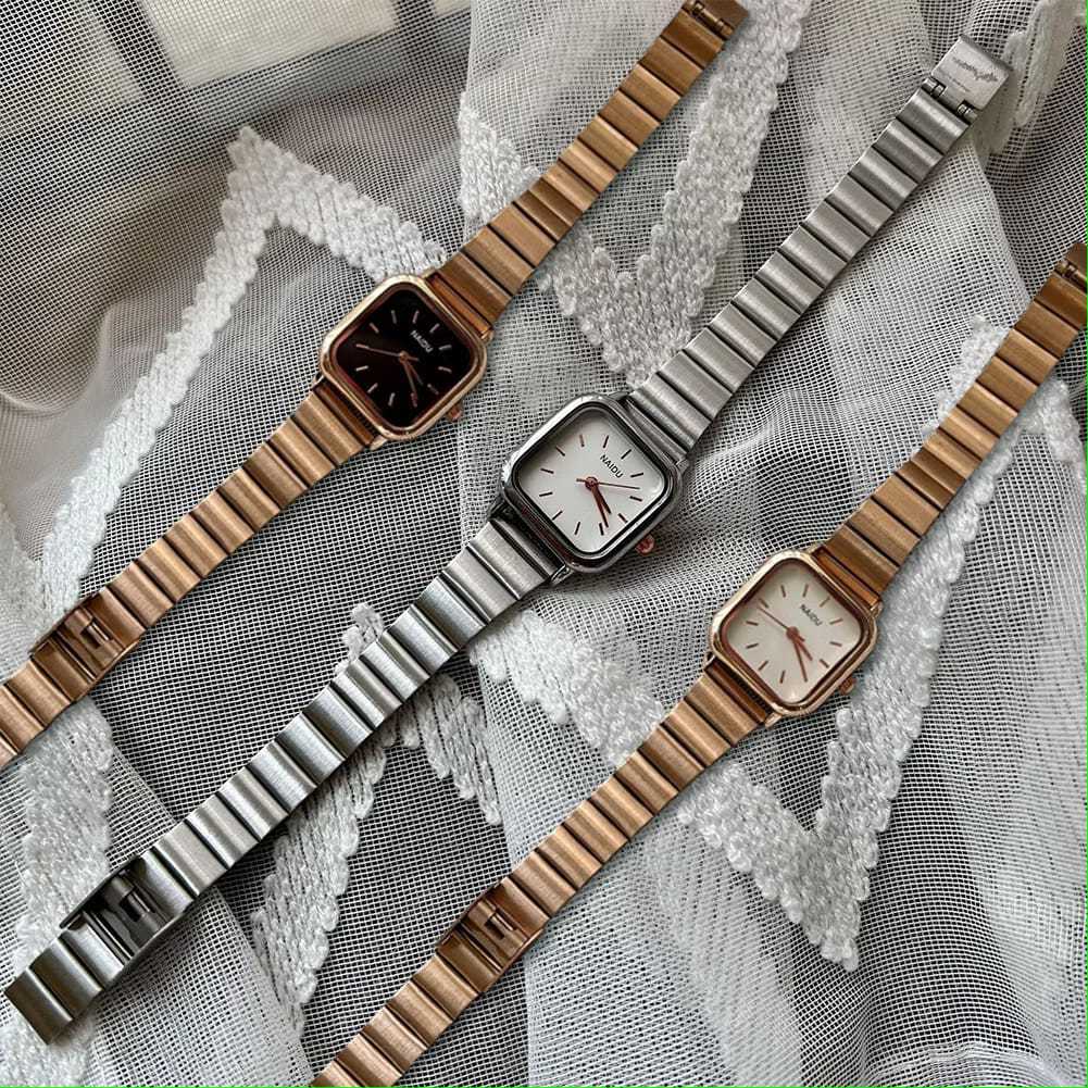 Jam Tangan Wanita Rantai Stainless Ulzzang Warna Silver Gold Kotak Kecil Mini Jam Cewek Naidu