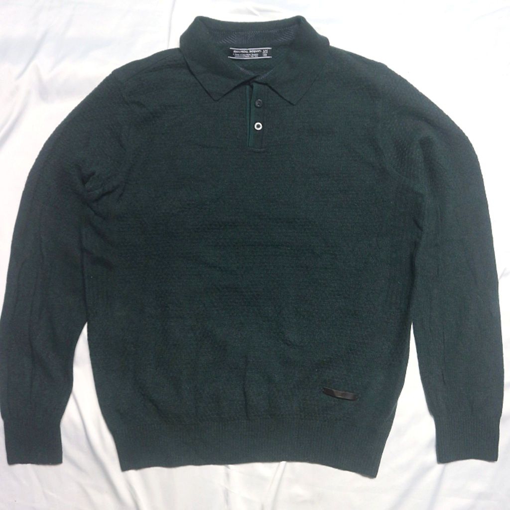 JMB JEAN MICHEL BASQUIAT Lomg Polo Shirt Hijau Botol Half Button Textured Lengan Panjang list Knitwe