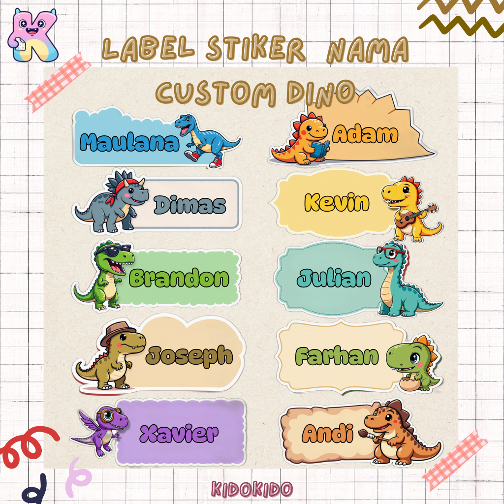 

Isi 68 pcs | Sticker Premium Lucu Karakter Dino Label Nama Custom Vinyl Laminasi Waterproof