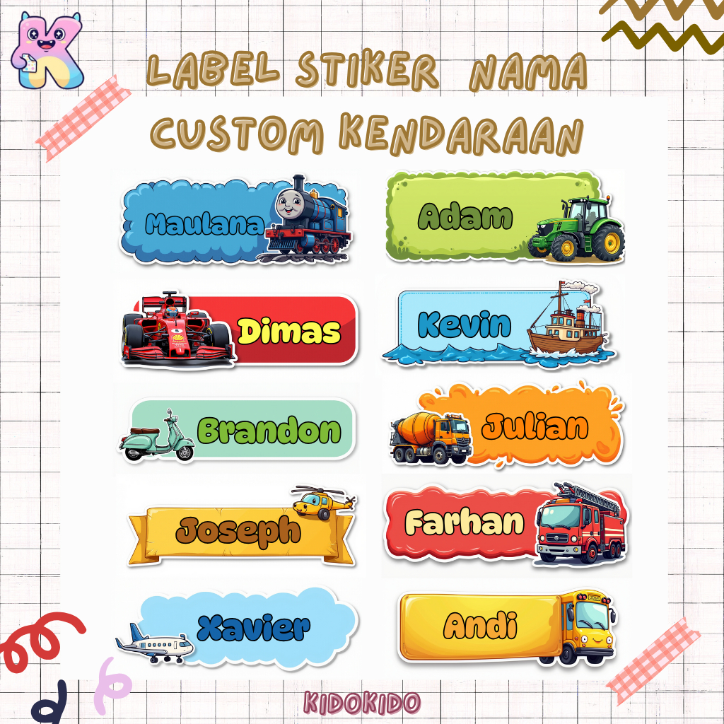 

Isi 68 pcs | Sticker Premium Lucu Karakter Kendaraan Label Nama Custom Vinyl Laminasi Waterproof