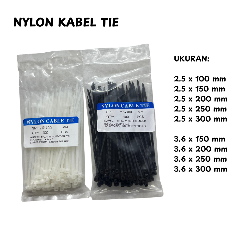 

KABEL TIE TIES TIS TALI RIPET 2.5MM 3.6MM X 100 150 200 250 300 HITAM PUTIH