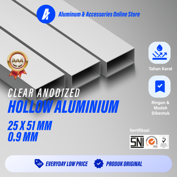 ALUTERRA Aluminium Hollow Panjang 100 cm 25 x 51 mm 0,9 mm Alcomexindo Ekstrusi Hollow
