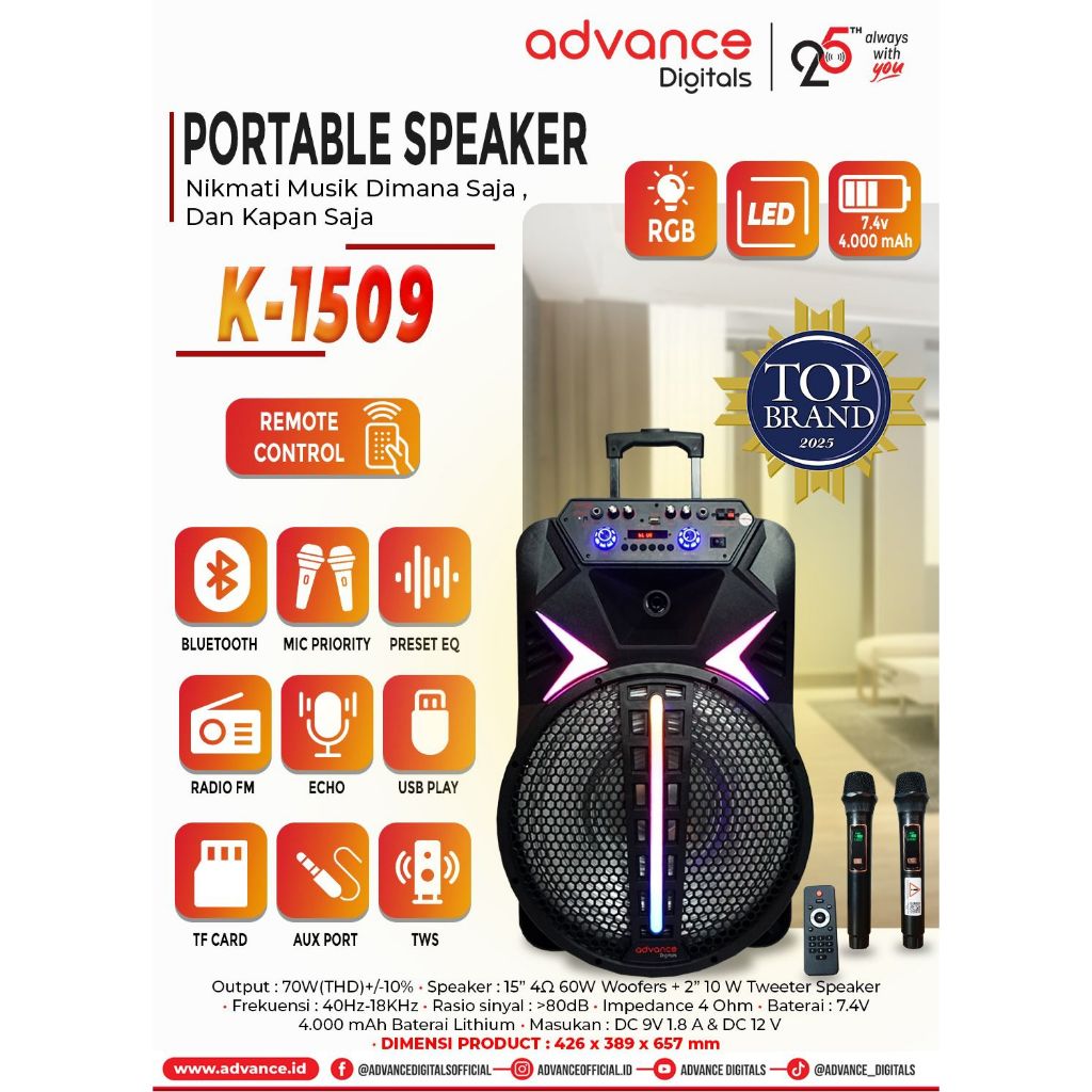 Advance DIgitals Audio Speaker Advance K-1509 Speaker 15 inch Dual Microphone Wireless