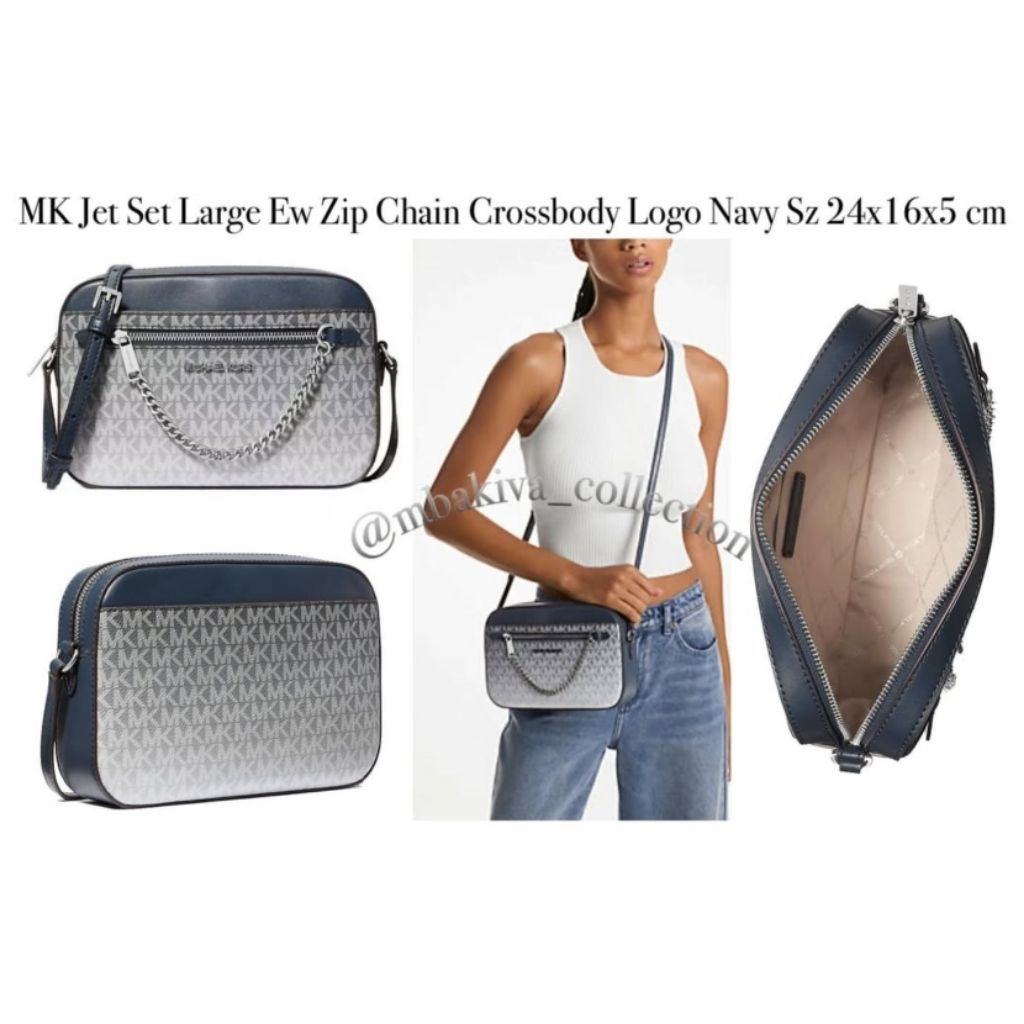 MK Jet Set Large Ew Zip Chain Crossbody Logo Navy