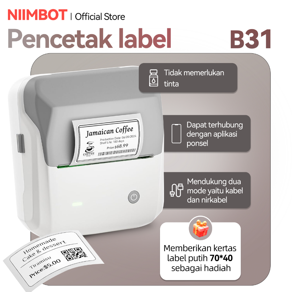 

NIIMBOT B31 Mesin Label Pintar, Printer Label Bluetooth Tanpa Tinta
