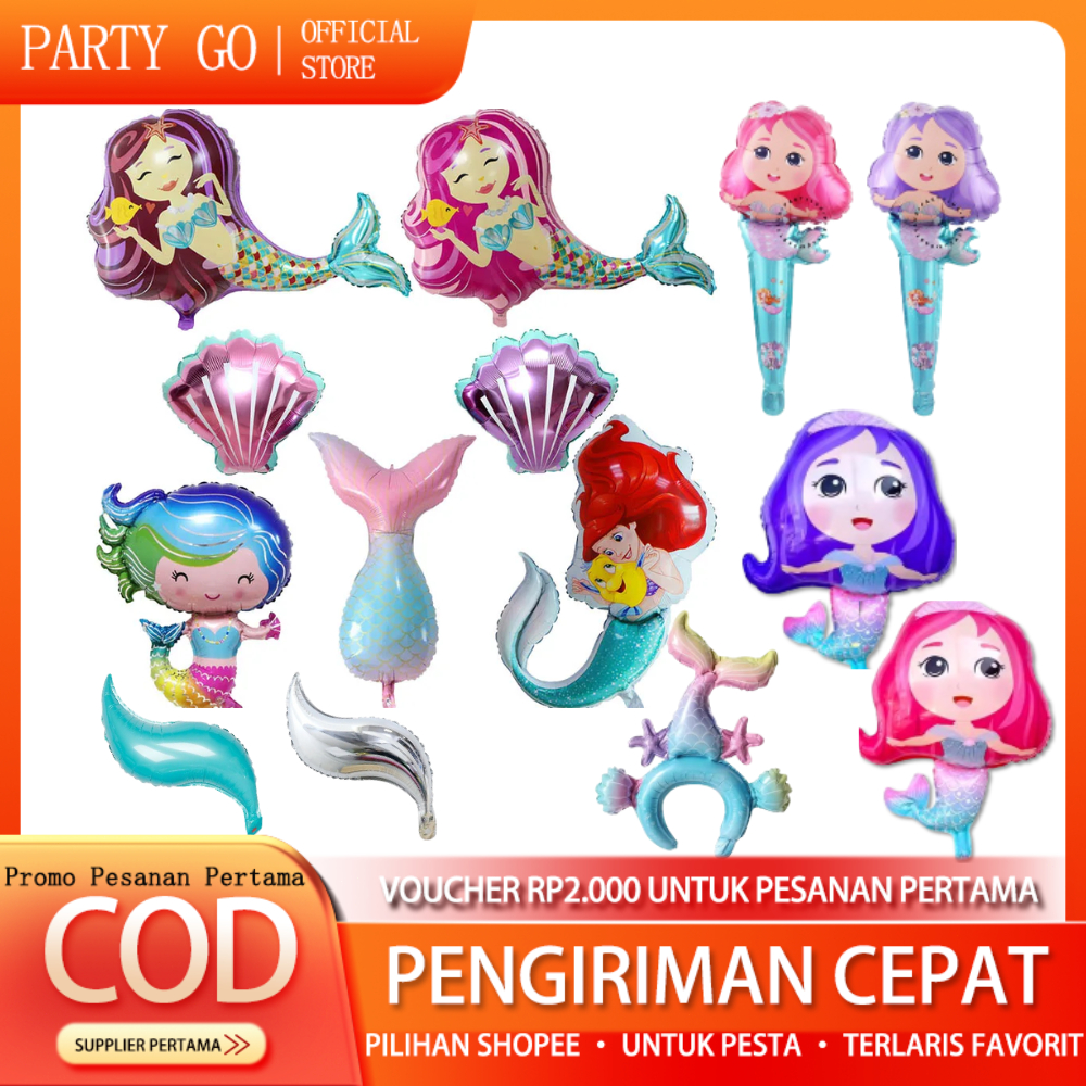 Balon Foil Jumbo Tema Mermaid (1 Pcs) / Foil Tema Bawah Laut Kerang, Ekor Mermaid, Putri Duyung