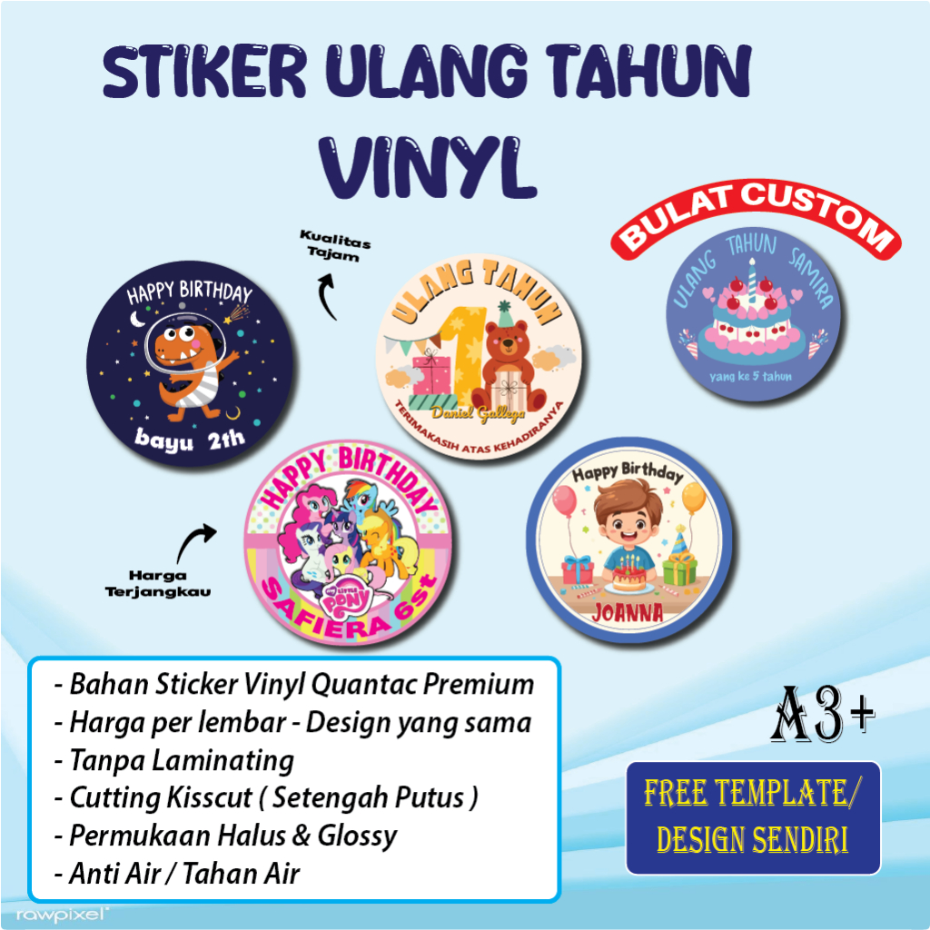 

Cetak Stiker Vinyl Bulat Label Ulang Tahun Logo Custom Stiker A3+ Print Sticker HBD Lingkaran