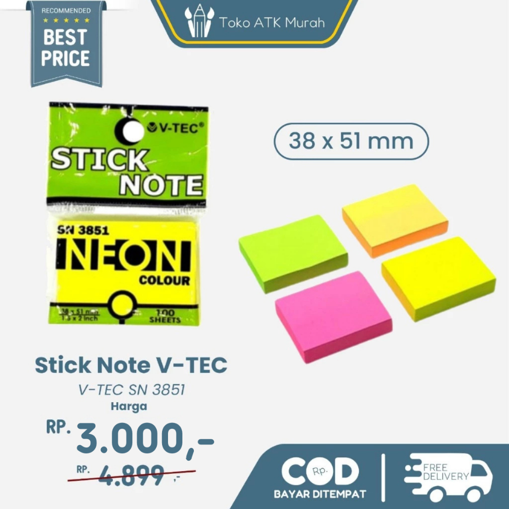 

Stick Note V-TEC SN 3851 No. 653 Sticky Notes 38 x 51 mm Memo Color