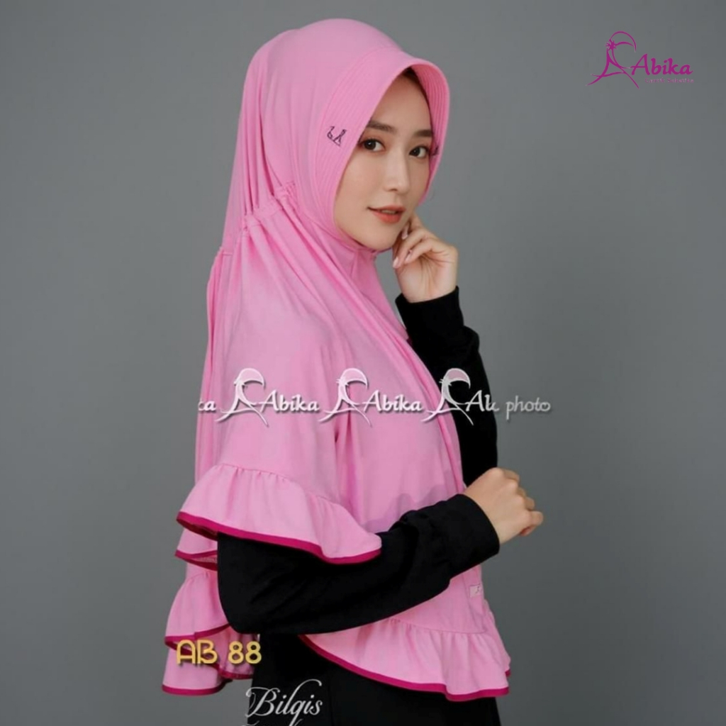 New Hijab Abika Bergo Bilqis AB 88 AB 088 Merah Muda Kerudung Instan Serut Jumbo Stella Premium