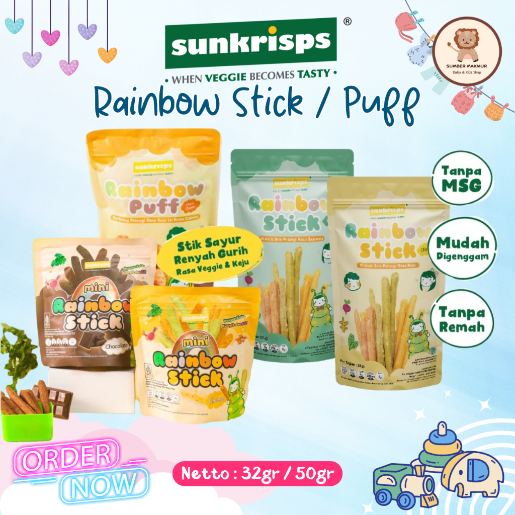 

Sunskrips Tanpa Pengawet dan Tanpa MSG Rainbow Stick Biskuit Stik Pelangi Rainbow Puff Sus Kering
