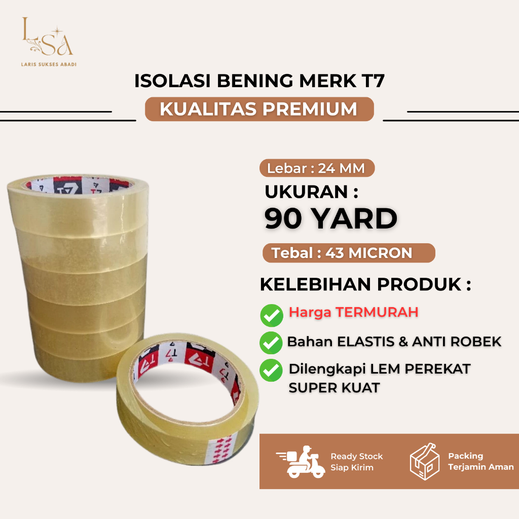 

Isolasi Bening Lentur Merk T7 24MM - 90 YARD 43 Micron Tidak Mudah Putus
