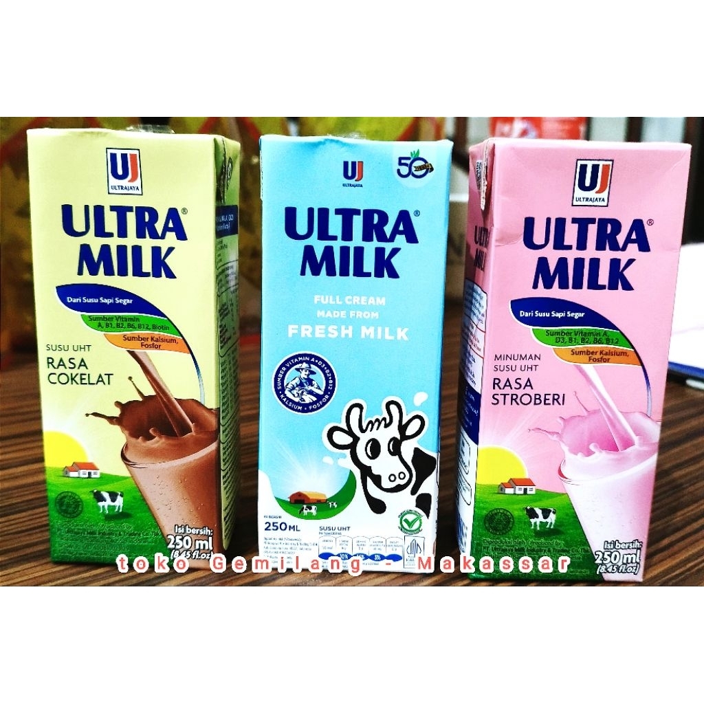 

Susu Ultra Milk UHT 250 ml rasa cokelat / full cream / stroberi