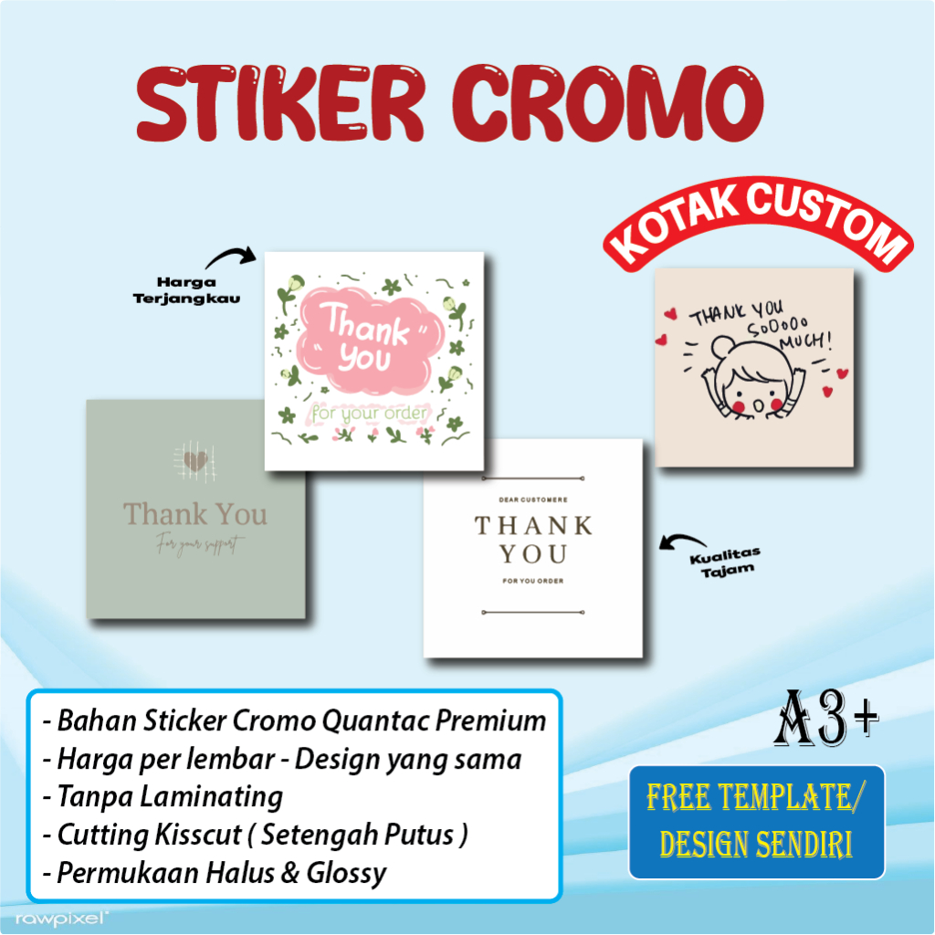 

Cetak Stiker Cromo Kotak Logo Label Thank You Usaha Makanan Chromo A3+ Print Sticker Custom Kotak