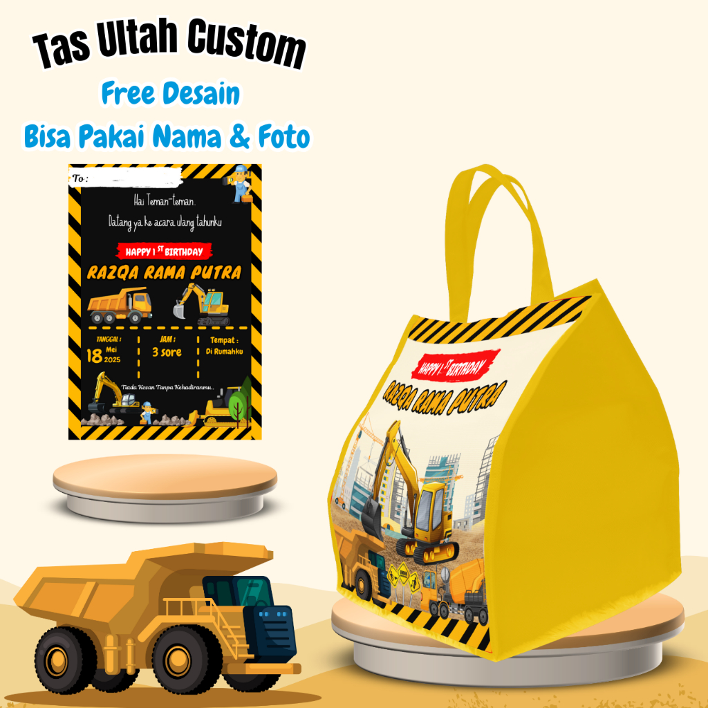 

Paket 30 Tas Free Cetak Undangan Anak Cewek Cowok Muat Box Bento Snack Karakter Kartun Eksavator Kain