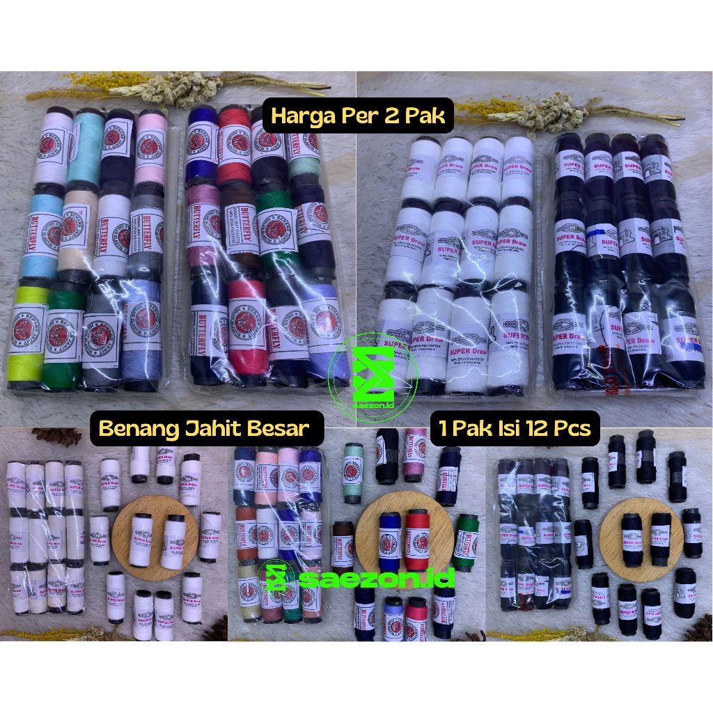 (24 PCS) BENANG JAHIT BESAR PAK ISI 12 PCS WARNA PUTIH HITAM CAMPUR WARNA / BENANG BESAR