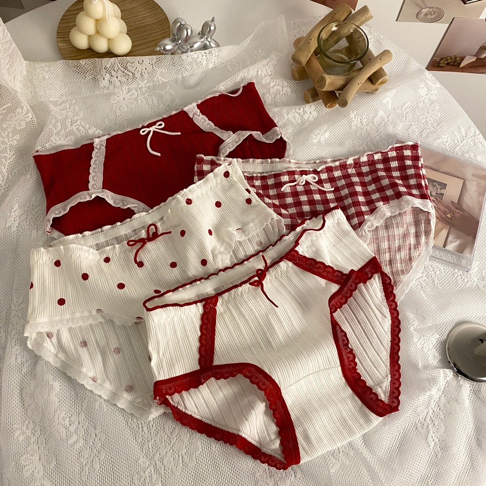 CHAVA | CD2143 Celana Dalam Renda Pita Merah Red Wanita Lucu Bahan Katun Jepang Menyerap Keringat