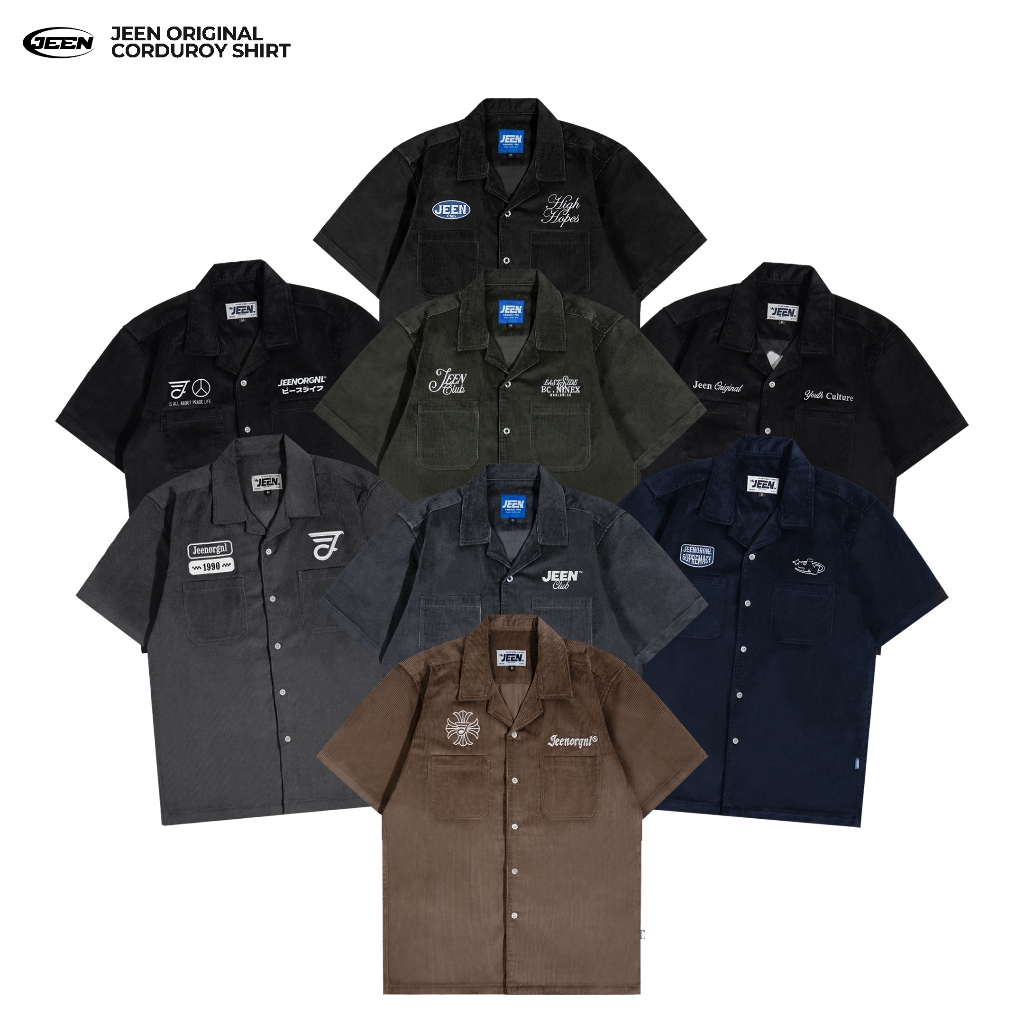 Corduroy Shirt - Kemeja Corduroy Lengan Pendek Motif Bordir Casual - Kemeja V-Neck Pria Wanita - Kem
