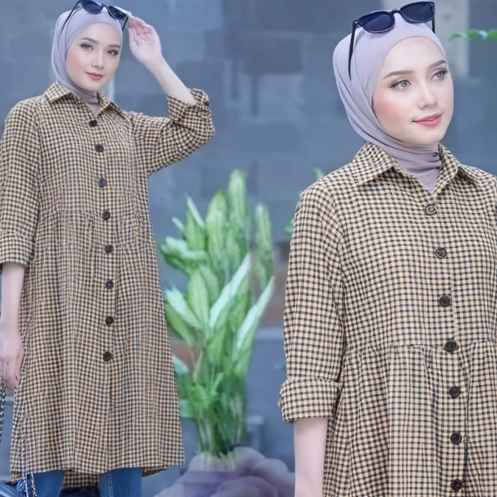 Baju Tunik Muslimah Kotak Carla Panjang Katun Nyaman Busui Friendly