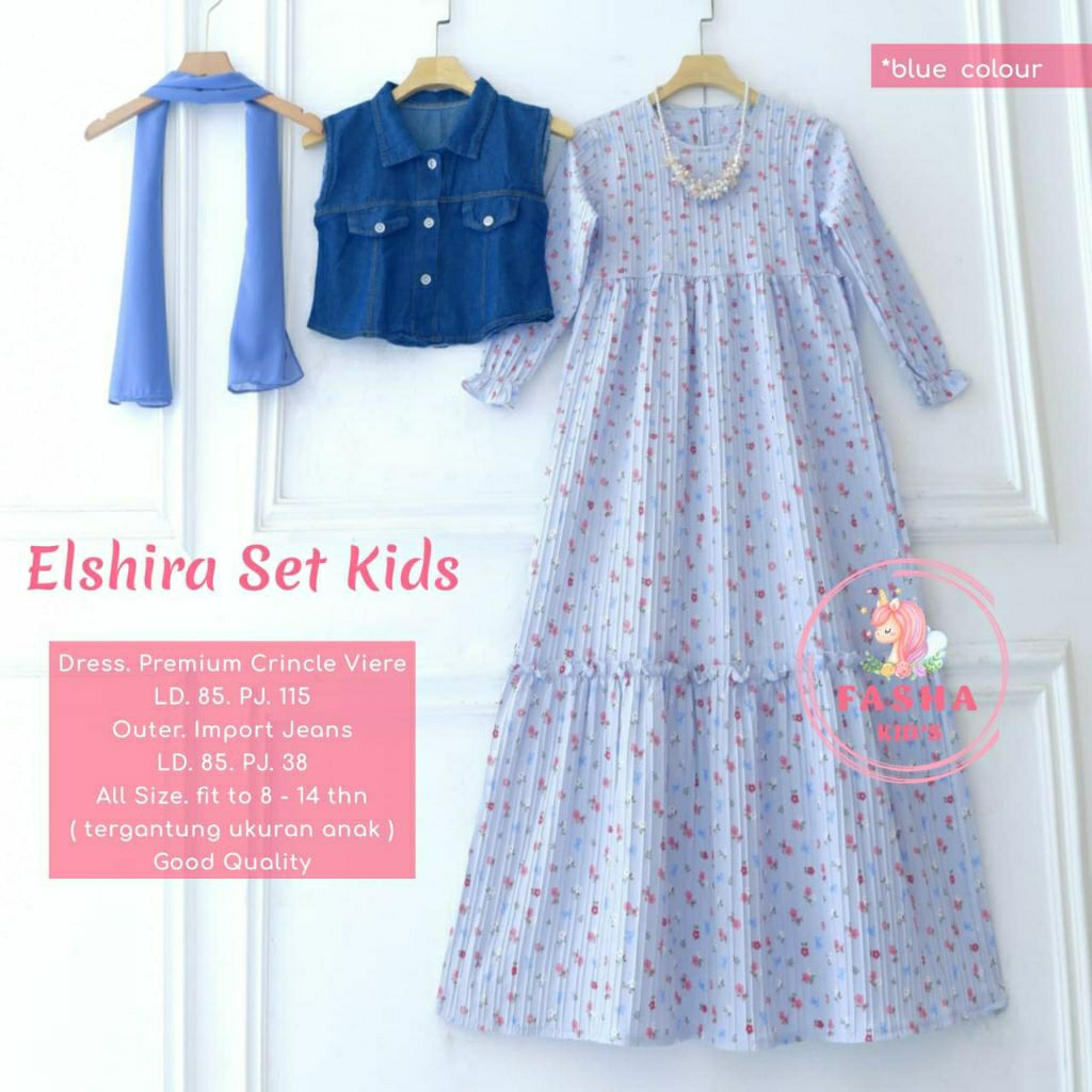 Elshira set dress kids crinkle lengan panjang (inner+outer) gamis rompi jeans