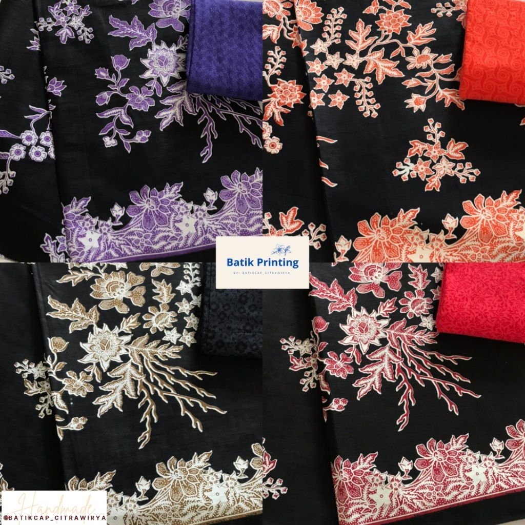 Kain Batik PRINTING Motif Bunga warna dasar hitam.