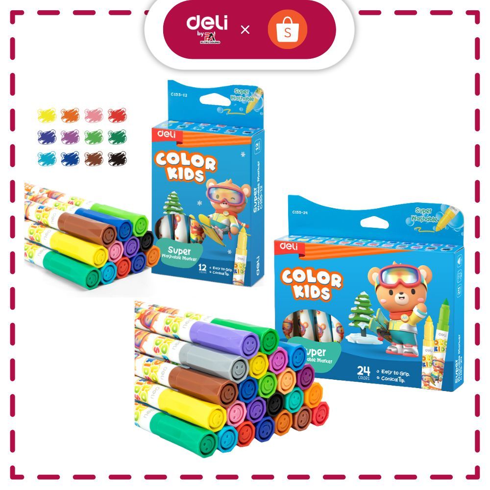 

Deli Jumbo Felt Pen / Color Marker / Spidol Warna Anak 12/24 Warna Mudah Dicuci EC155
