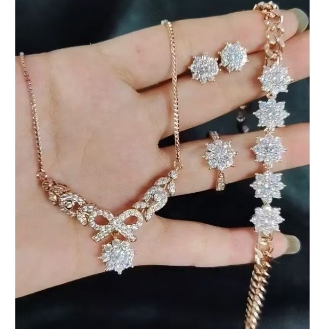 Xuping88 Set Kalung, cincin,anting Motif Tura motif pita  Wanita Titanium Antikarat lapis emas -VIVI