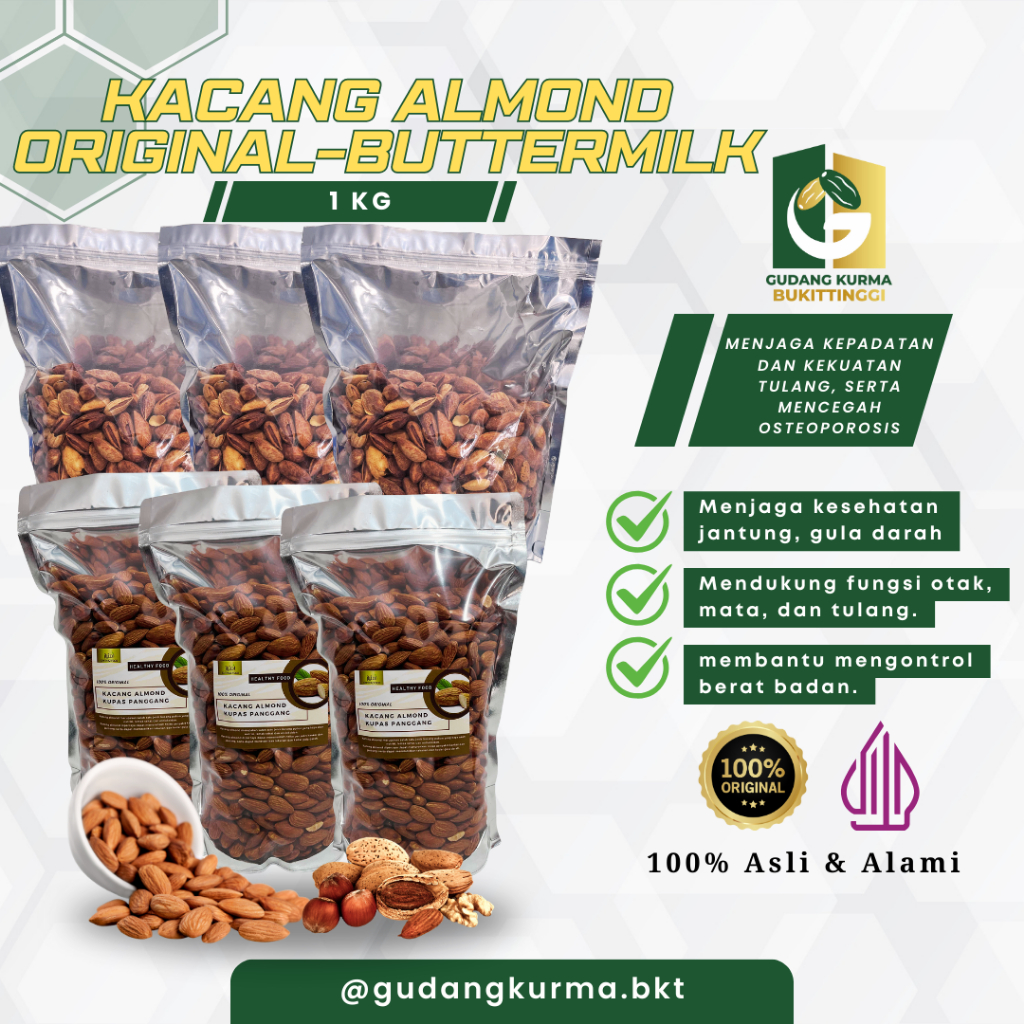 

Kacang Almond Panggang 1kg Kupas dan Cangkang | Almond Siap Makan & Almond Buttermilk Kulit