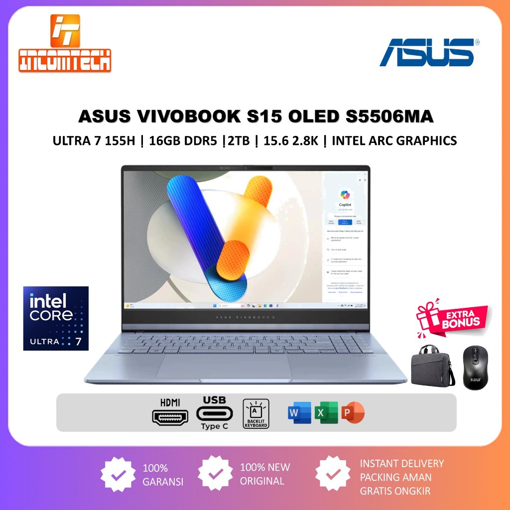 Laptop Asus Vivobook S15 OLED Intel Evo Ultra 7 155H Ram 16GB DDR5 2TB SSD 15.6 WUXGA OLED 120Hz