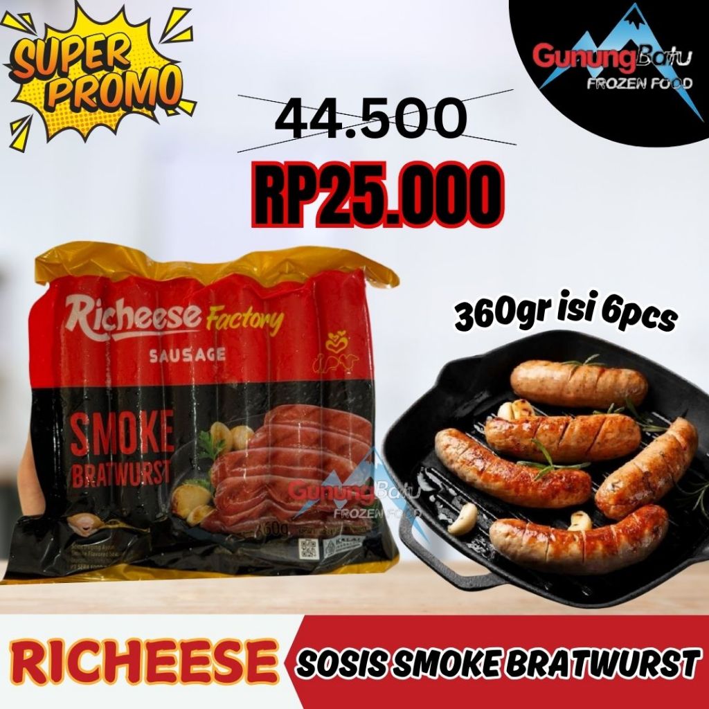 

RICHEESE FACTORY SAUSAGE SMOKE BRATWURST/ SOSIS RICHEESE ISI 6PCS 360GR/ SOSIS BAKAR FREE KERANJANG PLASTIK