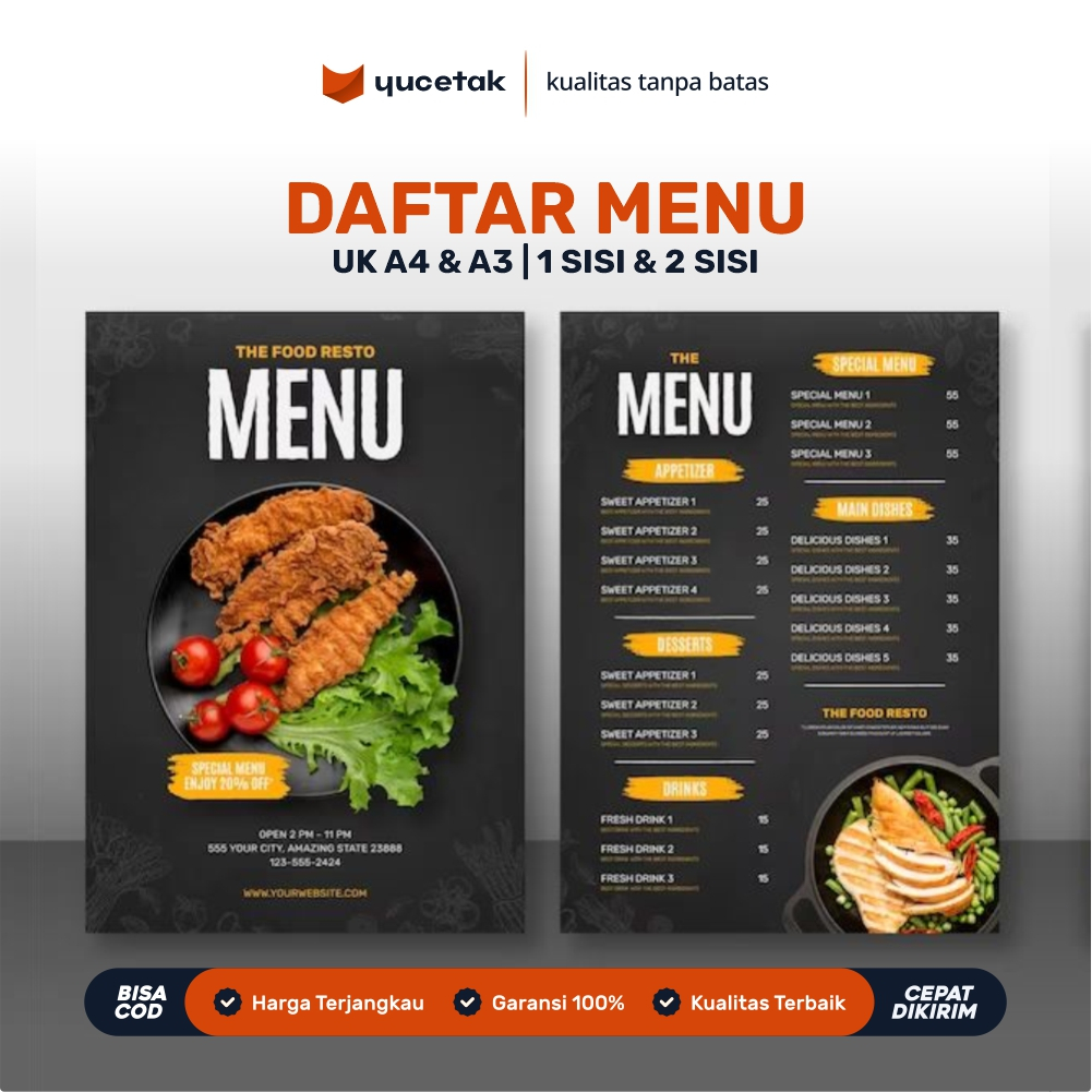 Yucetak - Cetak daftar menu makan dan minuman | Ac 260 + Laminating | Murah dan berkualitas
