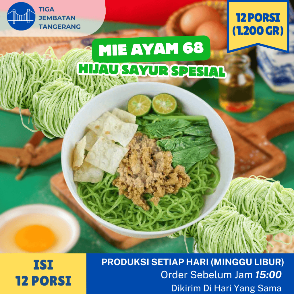 Mie Hijau 68 - 12 porsi Mie Ayam Hijau Sayur Mie Ayam Spirulina Bakmie Mie Ayam Mentah Mi Ayam Ramen