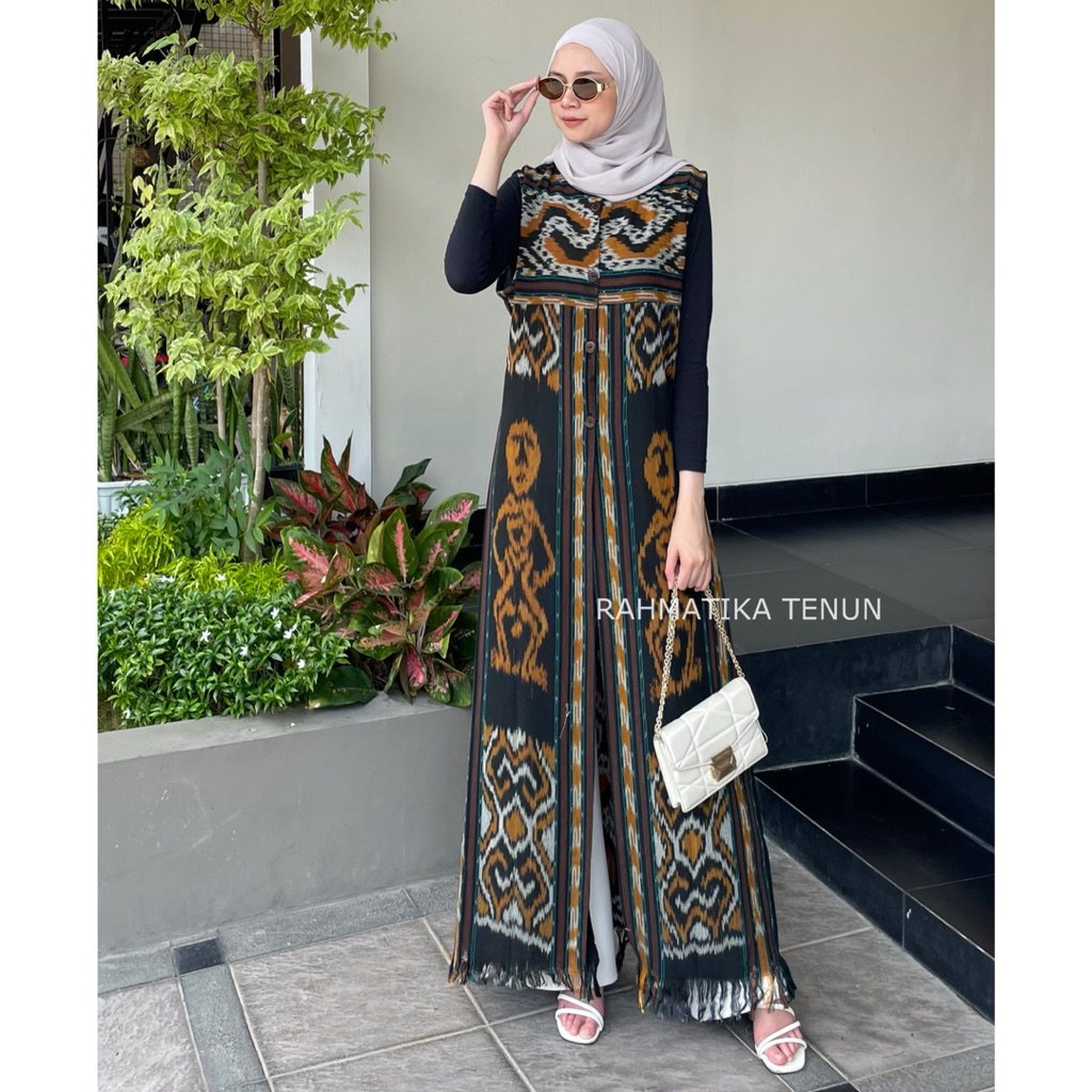 Outer Vest Wanita Bahan Tenun Troso Premium Long Cardi Tanpa Lengan Tenun Long Outer