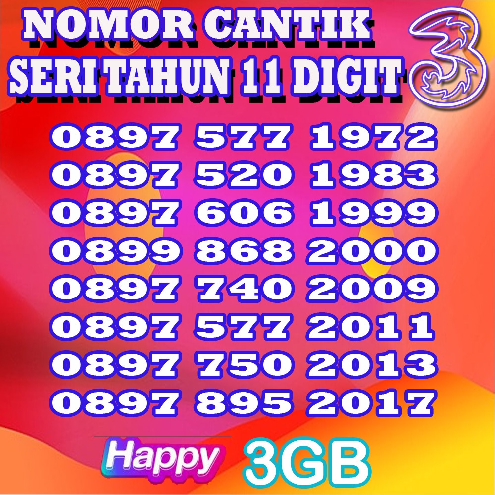 Kartu Perdana Tri 3 Prabayar Kategori 11 Digit Seri Tahun Nomor Cantik