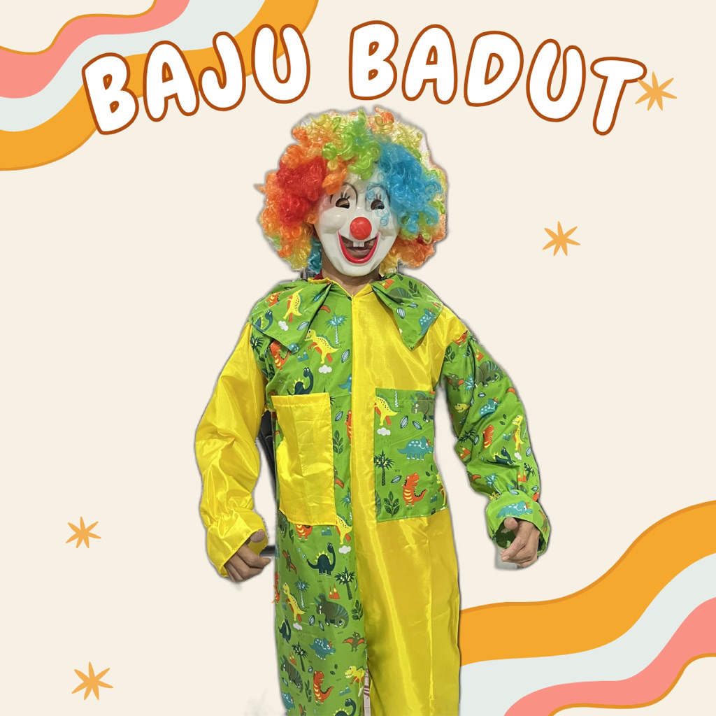 Kostum Baju Badut Dino Banyak Warna Topeng Wig