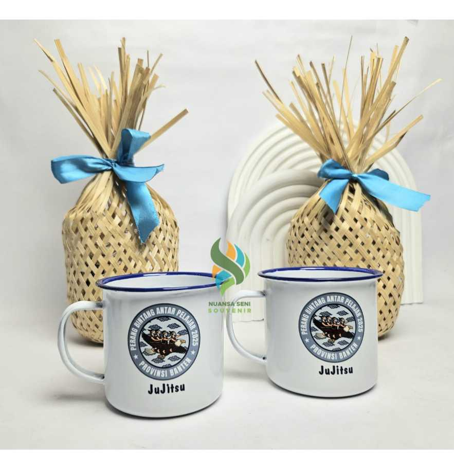 Souvenir Gelas Cangkir Enamel Putih Mug Gagang Teh Tumbler Minum Kaleng Antik Custom Sablon Decal