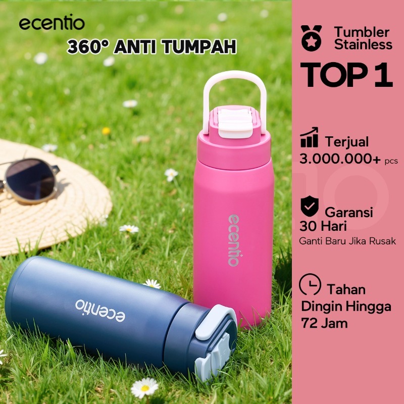 ecentio Tumbler stainless steel 304 600ml Pink/Biru Gagang tersembunyi Anti bocor Kunci ganda Isolas