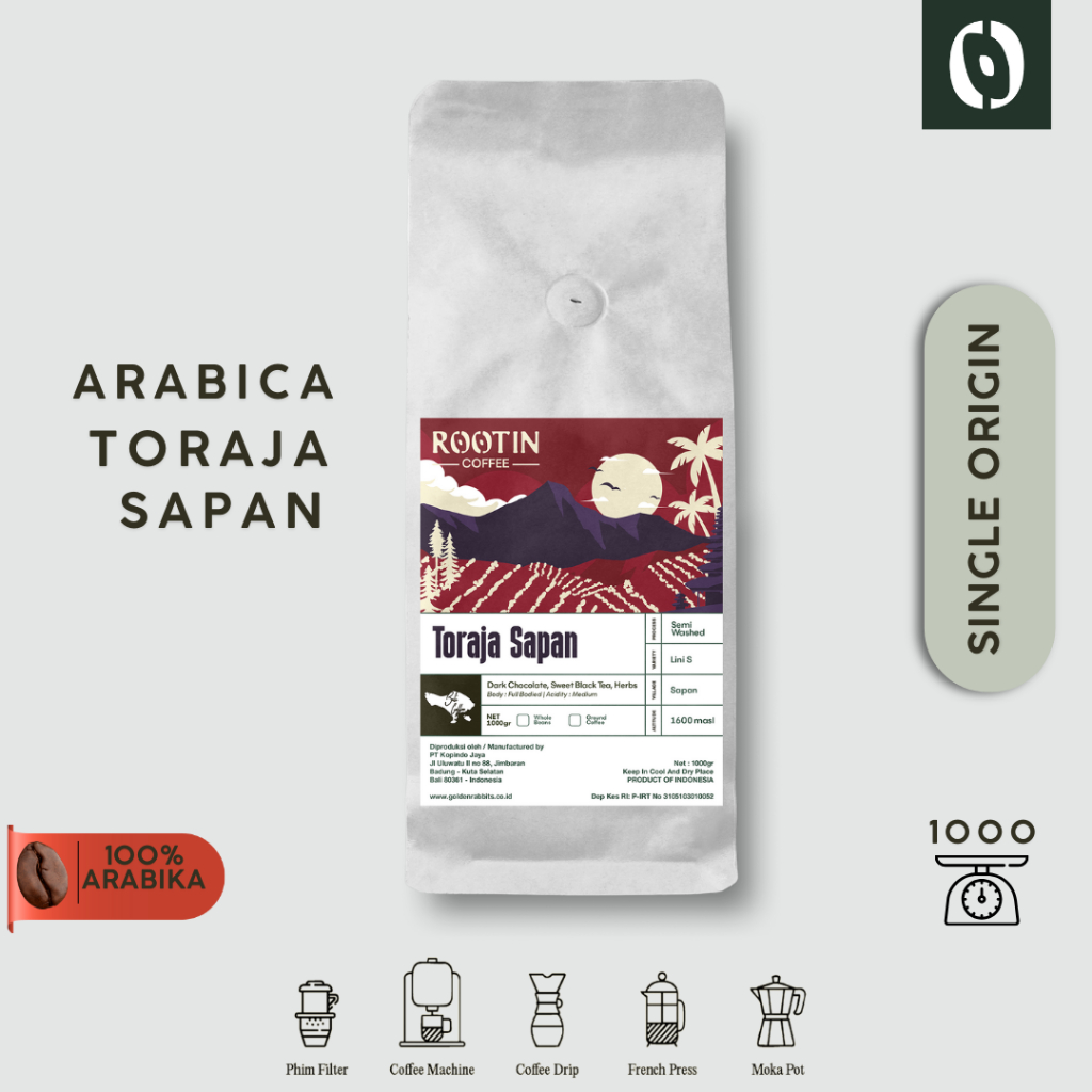 

Rootin Coffee Toraja Sapan Single Origin Arabika Roasted Beans Biji dan Bubuk Kopi / 1kg