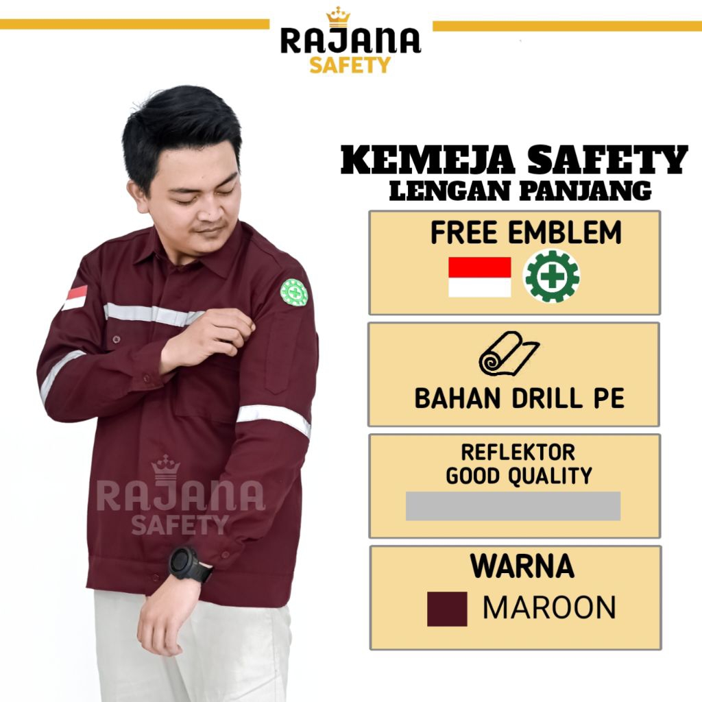 Baju safety warna merah maroon lengan panjang kemeja kerja lapangan proyek kemeja atasan safety