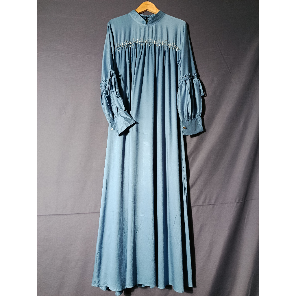 Gamis Jasmine Payet Ruffle Warna Biru Muda Lengan Balon Kekinian