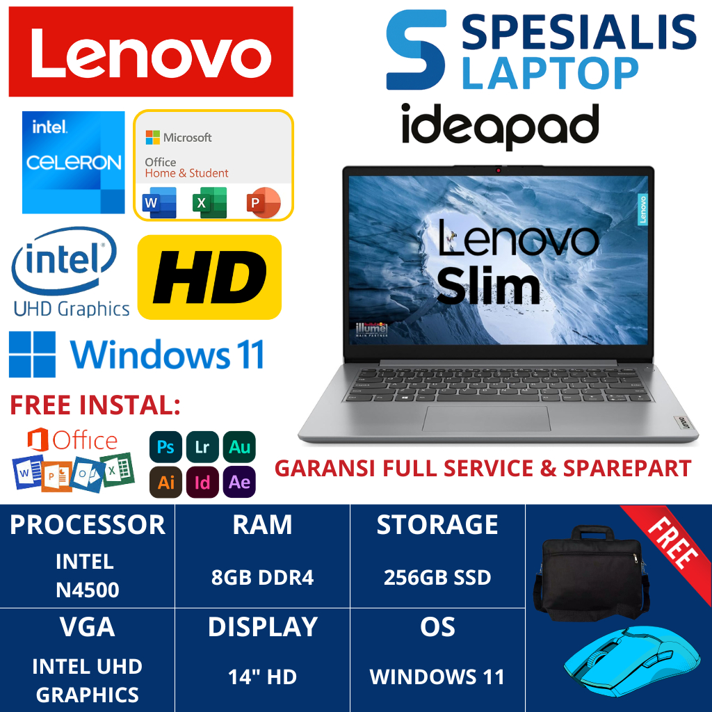 Laptop Lenovo Ideapad Slim I 14 Intel N4020 RAM 8GB SSD 256GB Windows11 Original Baru