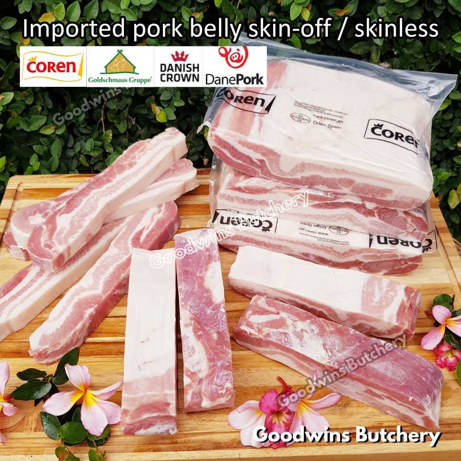 

Pork belly skin-off / skinless 600gr steak schnitzel cuts samcan babi tanpa kulit import frozen | Spain Coren | Denmark DanishCrown DanePork | Germany Goldschmaus