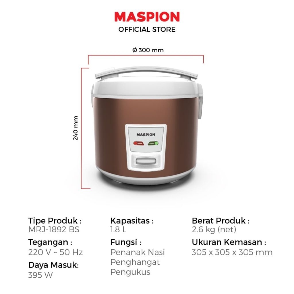 RICE COOKER MASPION MRJ-1892 BS | PENANAK NASI TERMURAH ANTI LENGKET ANTI GORES