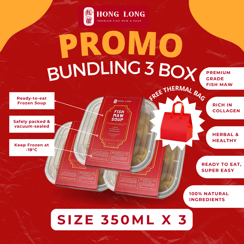 

Hong Long - Bundle x3 Fish Maw Soup Perut Ikan Hipio Hipiau Yi Phiau (魚鰾/花膠) 350ml Frozen Collagen Soup dengan Ayam Kampung dan Jamur Cordyceps Chinese Healthy Herbal Soup Ciakpo