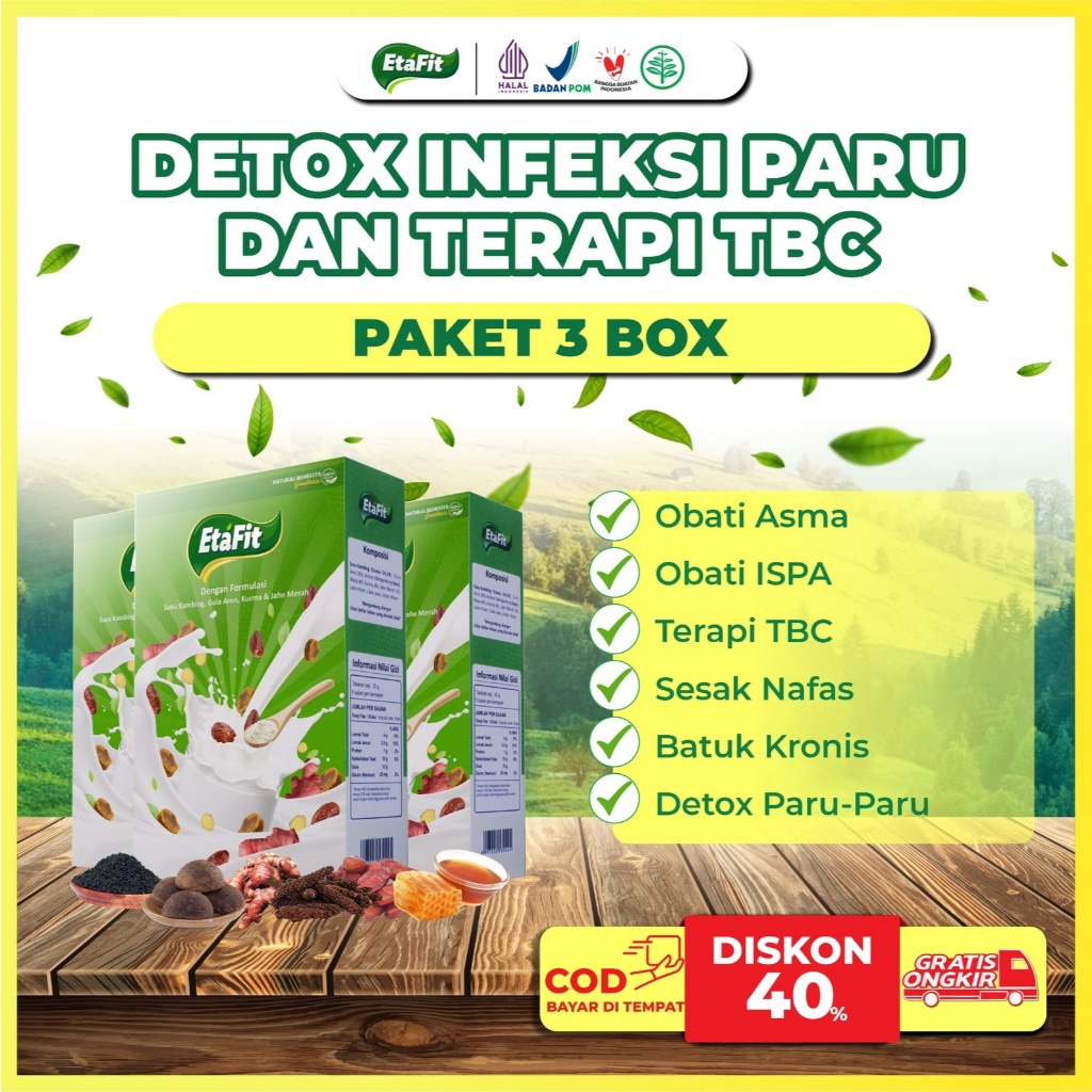 

ETAFIT Paket 3 Box Obat Infeksi Detox Paru Basah Berlendir Pneumonia Asma TBC ISPA Bronkitis Sinusitis Sudah Teruji Klinis - Susu Kambing Etawa Murni Bubuk Asli 100% Original Herbal