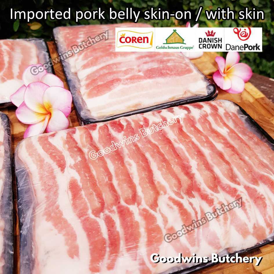 

Pork belly skin-on 1.5kg FRESHLY SLICE TO ORDER samcan babi berkulit import frozen | teriyaki yakiniku shabu2 | Spain Coren | Denmark DanishCrown DanePork | Germany Goldschmaus