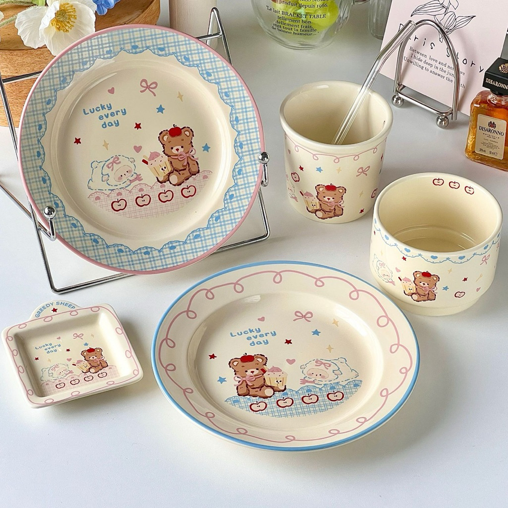 PM 46 SATUAN Piring Mangkok Gelas Cup Keramik Motif Teddy Bear Beruang Imut Lucu ala Cafe Korea Taha