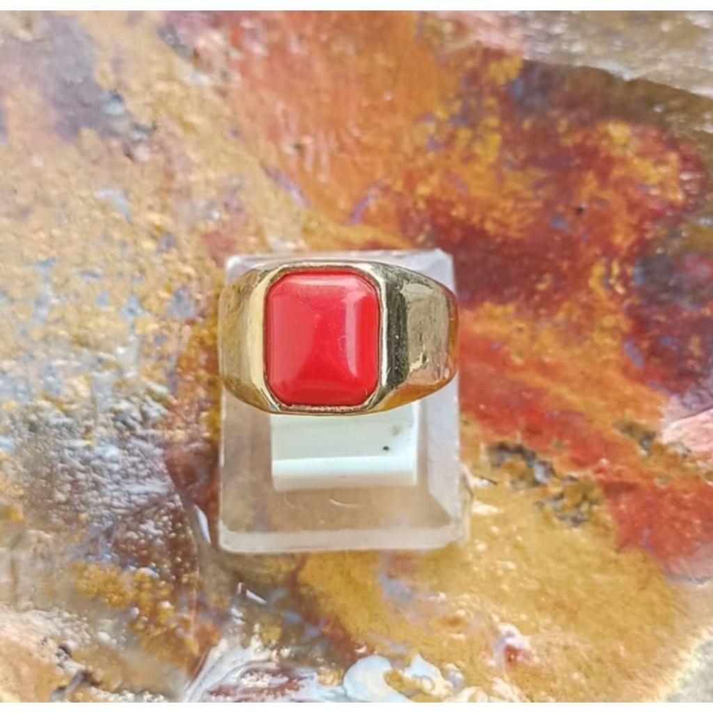 batu cincin merah red Marjan laut natural kotak miring minimalis kantoran 100%